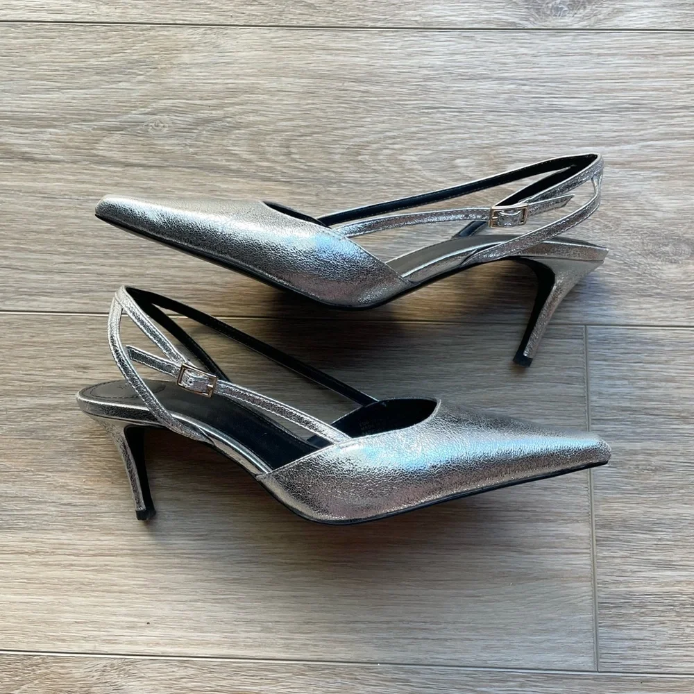 H&M Pointed Slingback Silver Kitten Heels - Picture 4 of 11